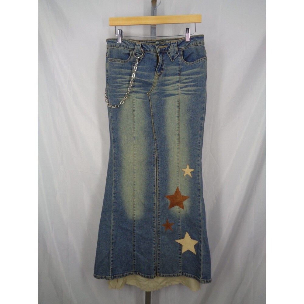 America Rocks Long Jean Maxi Skirt Medium Y2K Chain Leather Stars Fabric Train